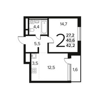 Планировка двухкомнатной(квартира) площадью 42.2 квадратных метров в “Новые Ватутинки. Заречный”