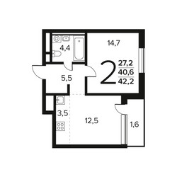 Планировка двухкомнатной(квартира) площадью 42.2 квадратных метров в ЖК “Новые Ватутинки. Заречный”