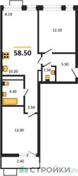 Планировка двухкомнатной(квартира) площадью 58.5 квадратных метров в ЖК “ЖК Бунинские кварталы”