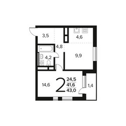 Планировка двухкомнатной(квартира) площадью 43 квадратных метров в ЖК “Новые Ватутинки. Заречный”