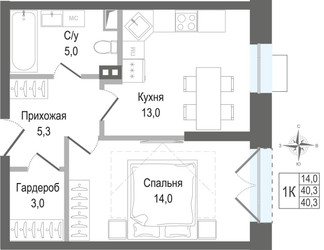 Планировка однокомнатной(квартира) площадью 40.3 квадратных метров в ЖК “ЖК КИНОКВАРТАЛ”