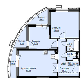 Планировка двухкомнатной(квартира) площадью 62.7 квадратных метров в ЖК “ЖК Соболевка”