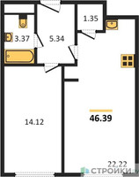 Планировка однокомнатной(апартаменты) площадью 46.39 квадратных метров в “ЖК Пятницкое 58 (Перец)”