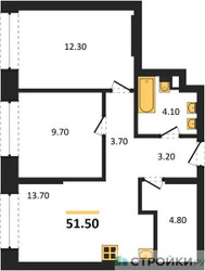 Планировка двухкомнатной(квартира) площадью 51.5 квадратных метров в ЖК “ЖК Portland (Портланд)”