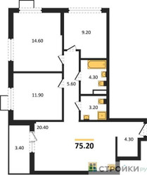 Планировка трехкомнатной(квартира) площадью 75.2 квадратных метров в ЖК “ЖК Деснаречье”