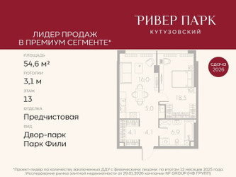 Планировка однокомнатной(квартира) площадью 54.6 квадратных метров в ЖК “ЖК Ривер Парк Кутузовский”