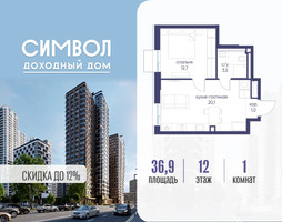 Планировка однокомнатной(квартира) площадью 36.9 квадратных метров в “ЖК Символ”