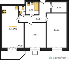 Планировка двухкомнатной(квартира) площадью 68.28 квадратных метров в “ЖК Мечта”