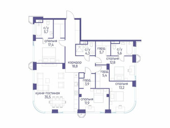 Планировка 4+ комнатной(квартира) площадью 139.92 квадратных метров в ЖК “ЖК Остров”