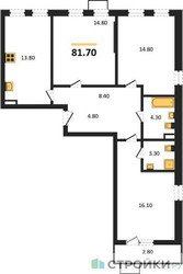 Планировка трехкомнатной(квартира) площадью 81.7 квадратных метров в ЖК “ЖК Прокшино”