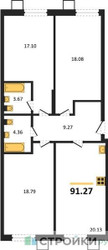 Планировка трехкомнатной(квартира) площадью 91.27 квадратных метров в ЖК “ЖК Бархат”