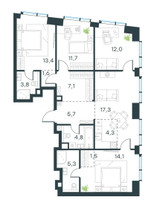 Планировка 4+ комнатной(квартира) площадью 102.6 квадратных метров в “ЖК Павелецкая Сити”