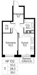 Планировка однокомнатной(квартира) площадью 39.1 квадратных метров в ЖК “ЖК Цветочные Поляны Сити”