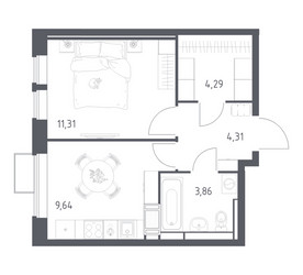 Планировка однокомнатной(квартира) площадью 33.41 квадратных метров в ЖК “ЖК Большое Путилково”