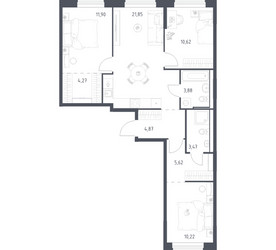 Планировка трехкомнатной(квартира) площадью 76.7 квадратных метров в ЖК “ЖК Квартал Ивакино”