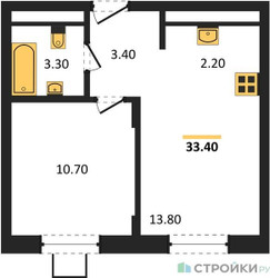 Планировка однокомнатной(квартира) площадью 33.4 квадратных метров в ЖК “ЖК Люберцы”