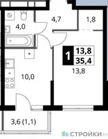Планировка однокомнатной(квартира) площадью 35.4 квадратных метров в “ЖК 1-й Ясеневский (Первый Ясеневский)”