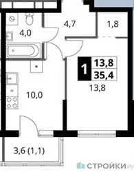 Планировка однокомнатной(квартира) площадью 35.4 квадратных метров в ЖК “ЖК 1-й Ясеневский (Первый Ясеневский)”