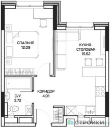 Планировка однокомнатной(квартира) площадью 35.9 квадратных метров в ЖК “ЖК Clementine (Клементин)”