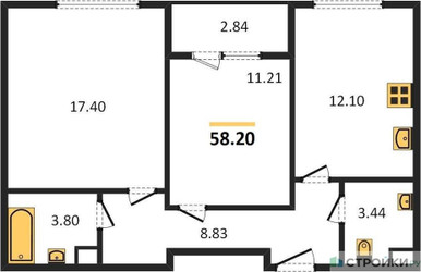 Планировка двухкомнатной(квартира) площадью 58.2 квадратных метров в ЖК “Жилые кварталы Новое Пушкино”