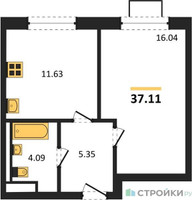 Планировка однокомнатной(квартира) площадью 37.11 квадратных метров в “ЖК Квартал Западный”