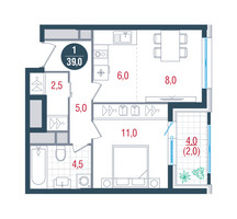 Планировка однокомнатной(квартира) площадью 39 квадратных метров в “ЖК РУСИЧ-Кантемировский”