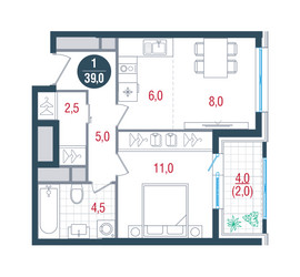 Планировка однокомнатной(квартира) площадью 39 квадратных метров в ЖК “ЖК РУСИЧ-Кантемировский”