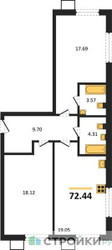 Планировка двухкомнатной(квартира) площадью 72.44 квадратных метров в ЖК “ЖК Бархат”