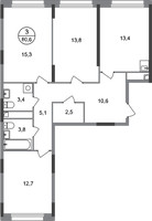 Планировка трехкомнатной(квартира) площадью 80.6 квадратных метров в “ЖК Переделкино Ближнее”