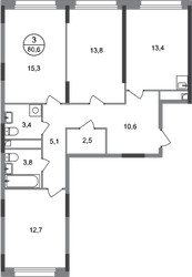 Планировка трехкомнатной(квартира) площадью 80.6 квадратных метров в ЖК “ЖК Переделкино Ближнее”