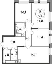 Планировка трехкомнатной(квартира) площадью 77.6 квадратных метров в ЖК “ЖК Первый Московский”