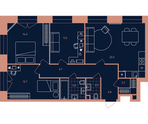 Планировка трехкомнатной(квартира) площадью 82.1 квадратных метров в ЖК “Квартал Эра”