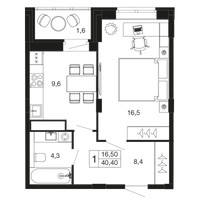 Планировка однокомнатной(квартира) площадью 40.4 квадратных метров в “ЖК Времена года”