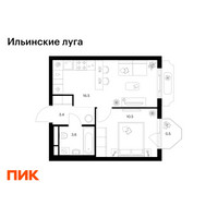 Планировка однокомнатной(квартира) площадью 34.5 квадратных метров в “ЖК Ильинские луга”