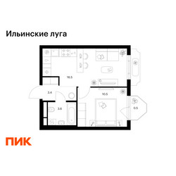Планировка однокомнатной(квартира) площадью 34.5 квадратных метров в ЖК “ЖК Ильинские луга”