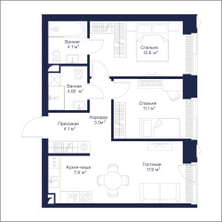 Планировка двухкомнатной(апартаменты) площадью 59.94 квадратных метров в ЖК “ЖК JOIS (Джойс)”