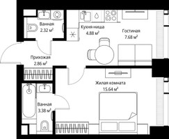 Планировка однокомнатной(квартира) площадью 36.76 квадратных метров в “ЖК Веер”