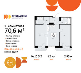 Планировка двухкомнатной(квартира) площадью 70.6 квадратных метров в ЖК “ЖК Прокшино”