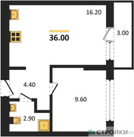 Планировка однокомнатной(квартира) площадью 36 квадратных метров в “ЖК Первый квартал”