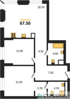 Планировка двухкомнатной(квартира) площадью 67.5 квадратных метров в “ЖК Детали”