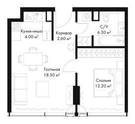 Планировка однокомнатной(квартира) площадью 43.6 квадратных метров в ЖК “ЖК Слава”