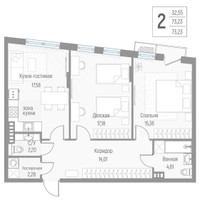 Планировка двухкомнатной(квартира) площадью 73.3 квадратных метров в “ЖК Эльйон”