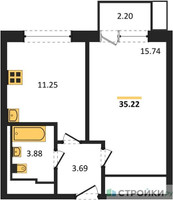 Планировка однокомнатной(квартира) площадью 35.22 квадратных метров в “ЖК Прибрежный Парк”