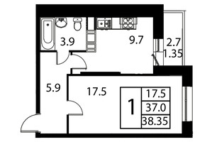 Планировка однокомнатной(квартира) площадью 38.4 квадратных метров в “ЖК Космос”