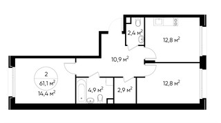 Планировка двухкомнатной(квартира) площадью 61.1 квадратных метров в “ЖК Переделкино Ближнее”