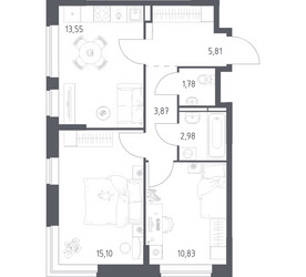 Планировка двухкомнатной(квартира) площадью 53.92 квадратных метров в ЖК “ЖК Богдановский Лес”