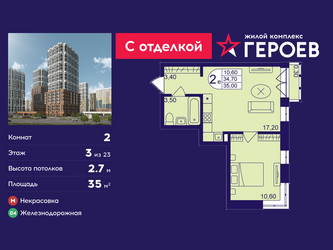 Планировка двухкомнатной(квартира) площадью 35 квадратных метров в ЖК “ЖК Героев”