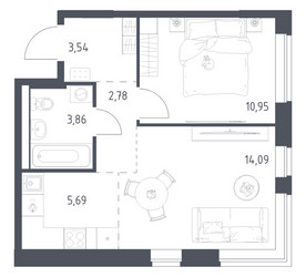 Планировка однокомнатной(квартира) площадью 40.91 квадратных метров в ЖК “ЖК Новое Видное”