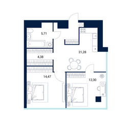 Планировка двухкомнатной(апартаменты) площадью 60.6 квадратных метров в ЖК “МФК DIUS (Диус)”