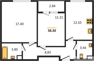 Планировка двухкомнатной(квартира) площадью 58.2 квадратных метров в “Жилые кварталы Новое Пушкино”